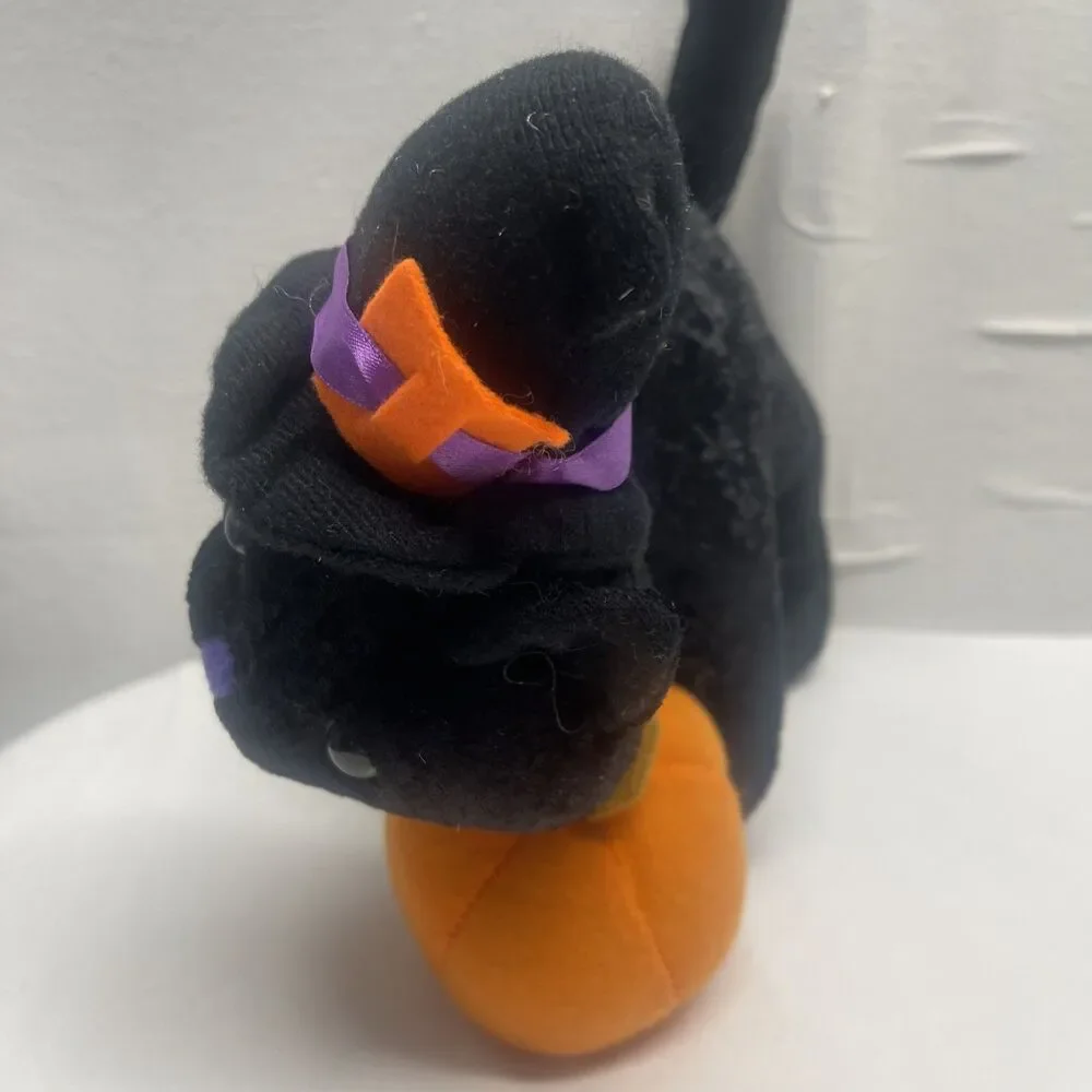 Vintage Halloween Plush Black Cat Hat Pumpkin Arched Back Decoration Fall Autumn
